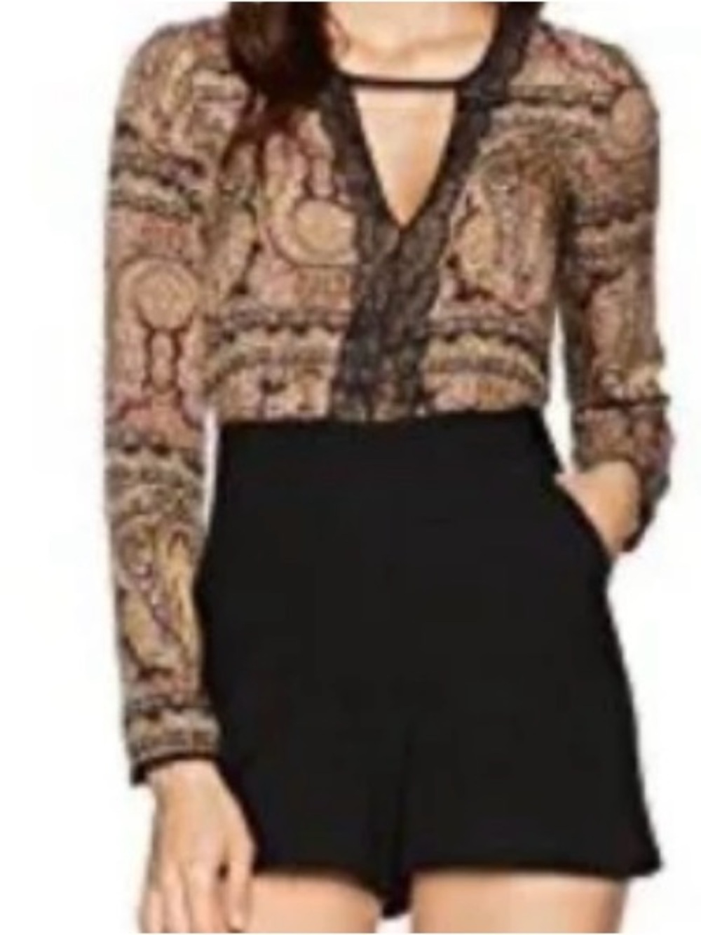 BCBGeneration Printed Long-Sleeve V-Neck Blouse with Black Shorts
